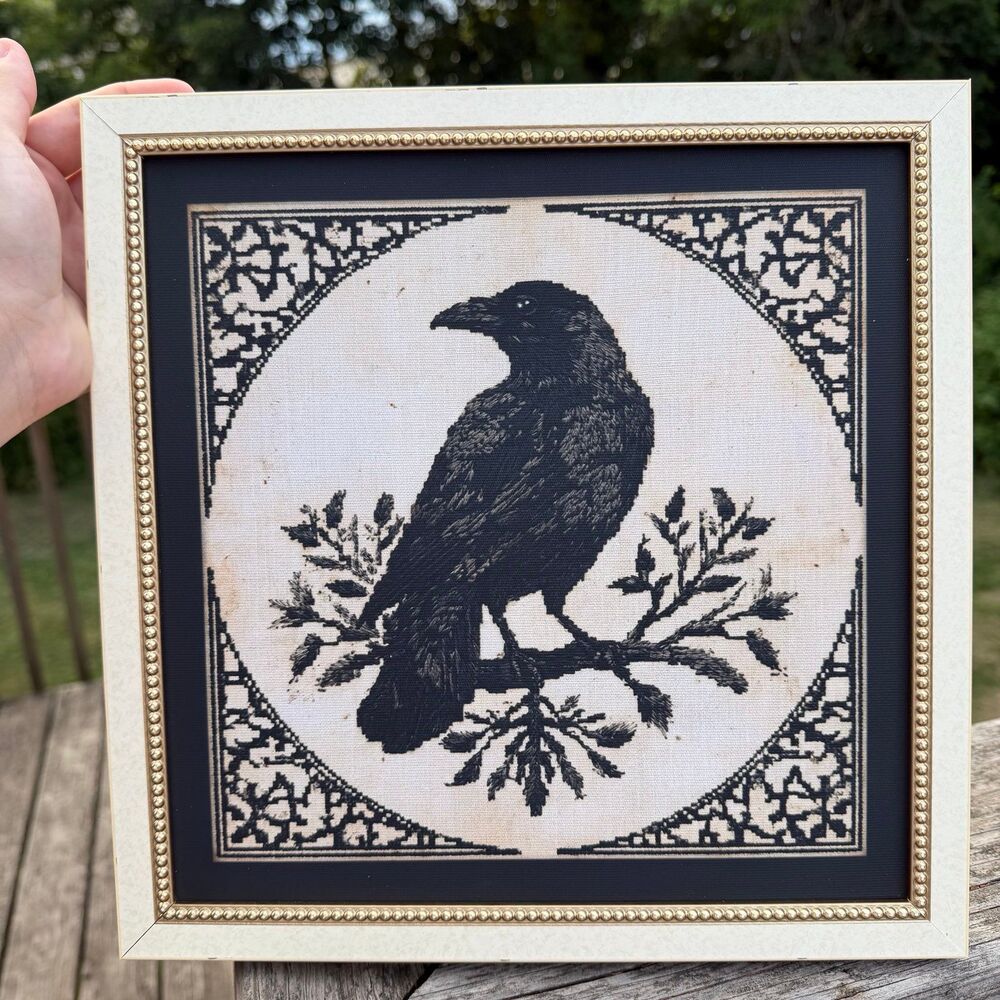 NEW Petal Lane Black Crow Framed Art Imitation Embroidery 12”